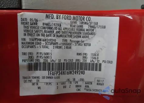 2006 Ford Focus Zx4 z USA, uszkodzony, nr VIN 1FAFP34N16W249240